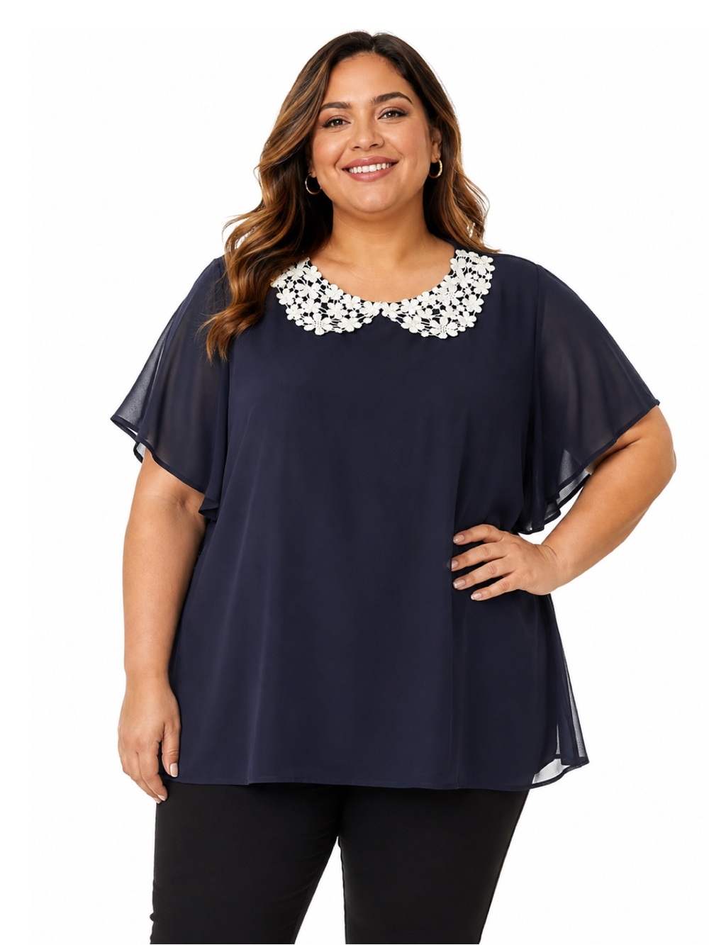Navy Lace Collar Top